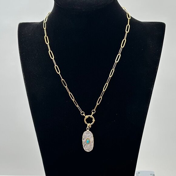 Rose Quartz Turquoise Gemstone Pendant Necklace 18K Gold Plated Chain 17 Inch - Picture 7 of 8